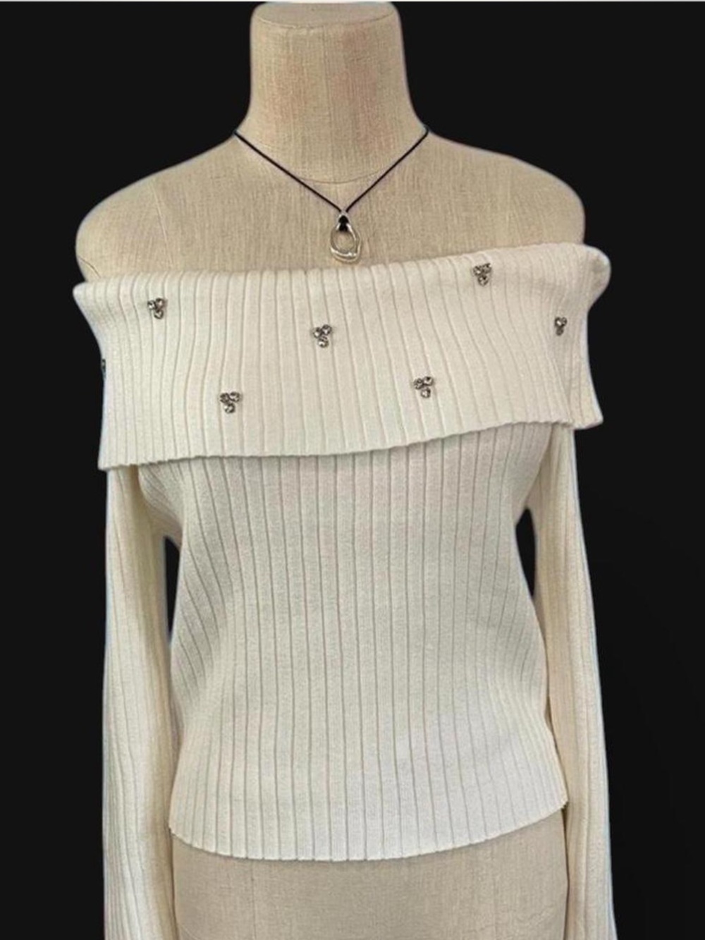 Sweet Rain Off-Shoulder White Sweater with Stud Accents